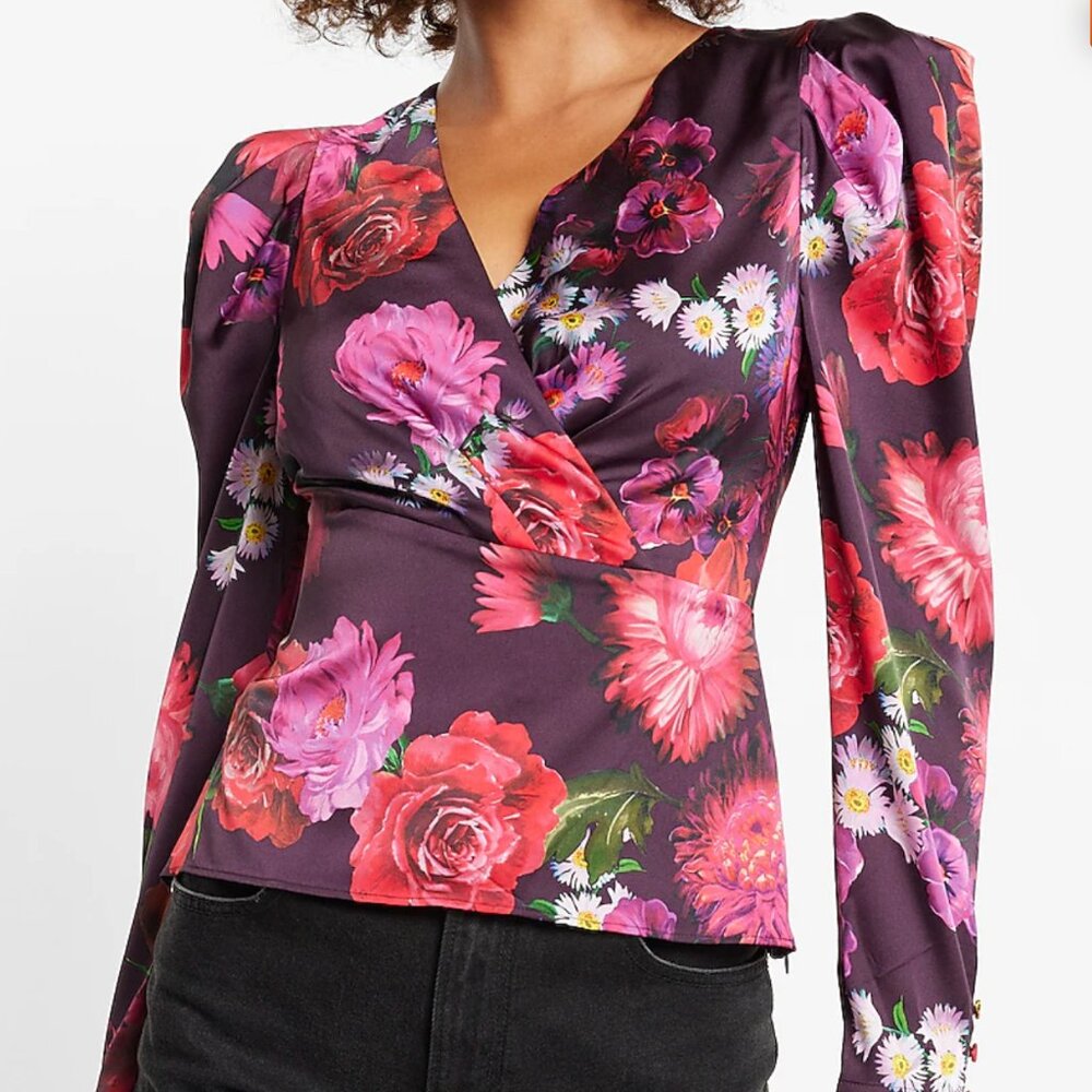 Satin Floral Puff Sleeve Faux-Wrap Top